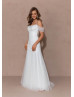 Ivory Glitter Lace V Back Wedding Dress With Detachable Straps
